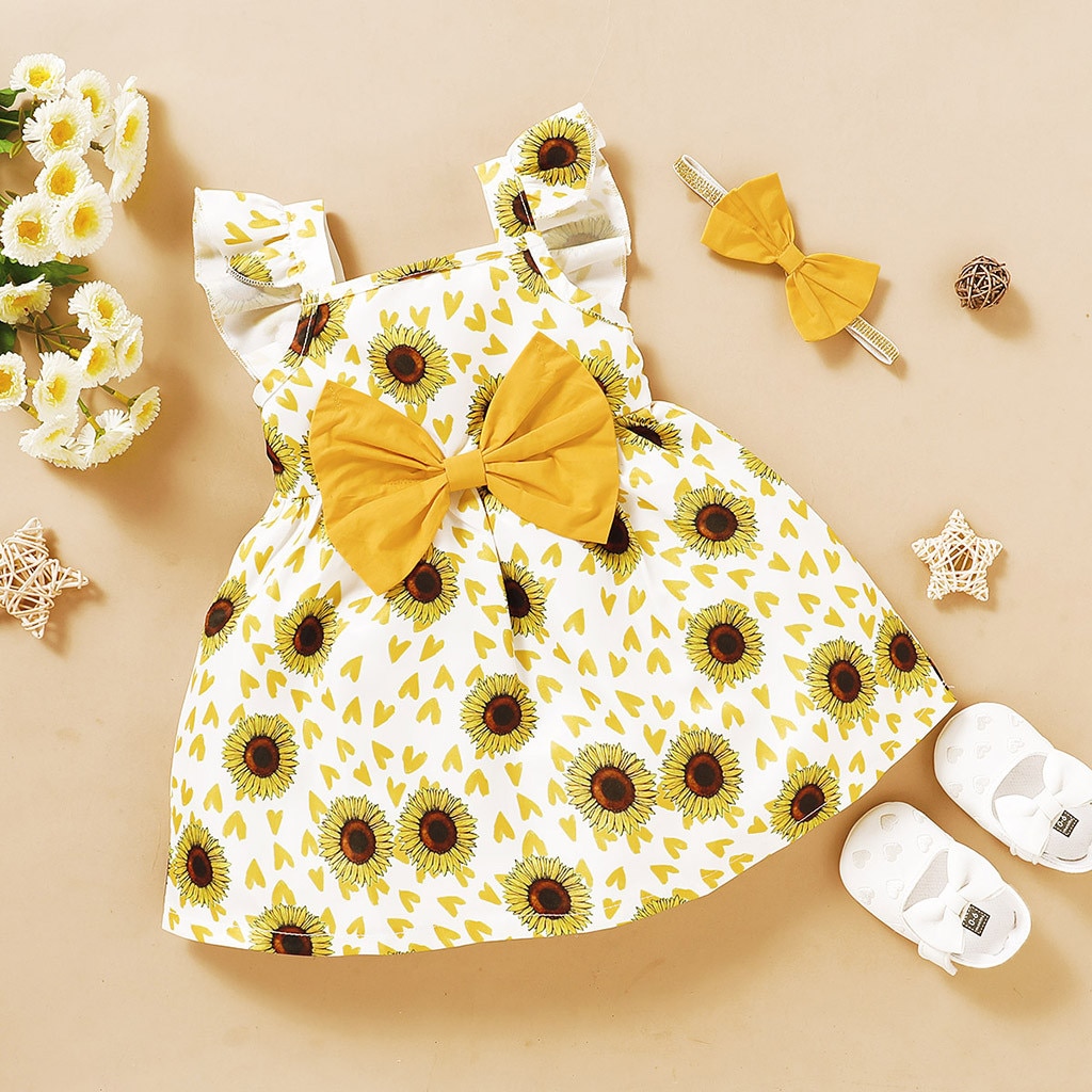 Sunflower Girls Summer Clothes Sets Fly Sleeve Floral Print Dress+headbands 2pcs Dress Party Girls Dresses Children Clothing