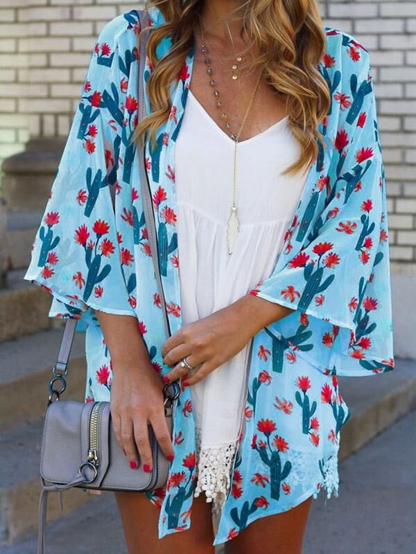 Zomer Vrouwen Lady Boho Beach Cover Up Kant Bloemen Vest Kimono Chiffon Blouse: Blauw / XL