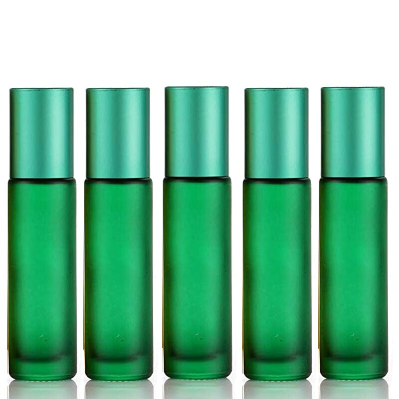 5pcs 10ml Portable Frosted Green Glass Roller Essential Oil Perfume Bottles Mist Container Travel Refillable Rollerball Vial