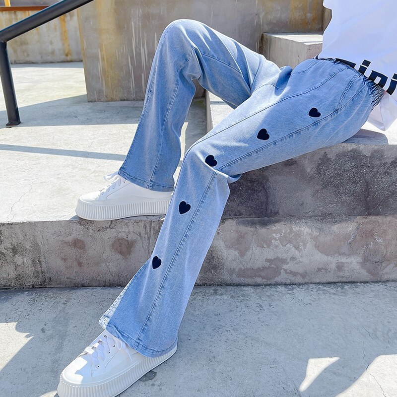 Zomer Meisjes Broek Dunne Jeans Liefde Hartvormige Borduurwerk Wijde Pijpen Jeans Split Lange Broek 4 5 6 7 8 9 10 11 12 13 Jaar Kinderen