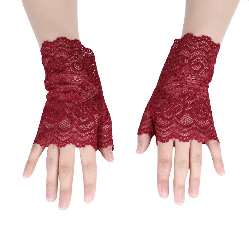Short Lace Fingerless Gloves for Women Gothic Punk Rock Costume Fancy Harajuku Floral Lace Gloves Alt Goth Clothes Accessories: Burgundy