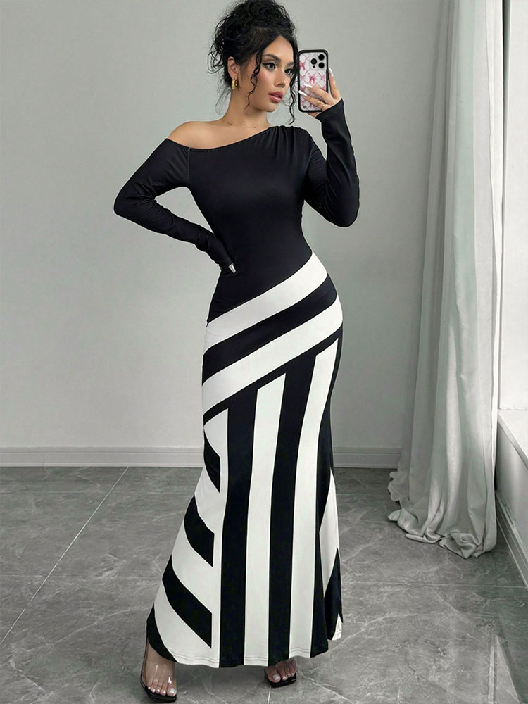 Nuevos vestidos largos para mujer, ropa de calle de otoño, de retazos en blanco y negro, vestidos ajustados informales, vestido de punto para mujer, ropa