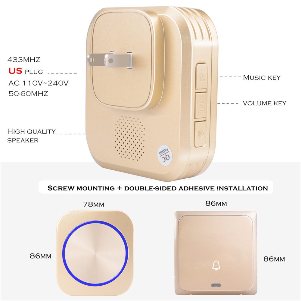 SMATRUL US Plug Self-Powered Wireless Doorbell Door Bell Chime Ring Call No battery 4 Model Waterproof 150M 58 Music 110V-220V