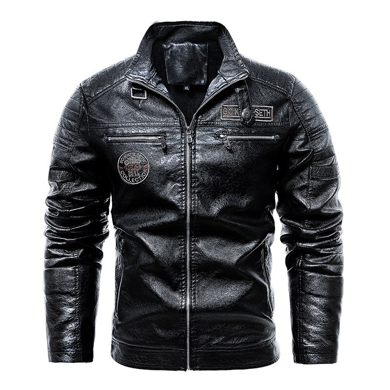 Novos jaquetas de couro dos homens do velo da motocicleta motociclista plutônio leahter jaqueta masculina gola casual blusão ropa de hombre casaco fino: Black / S