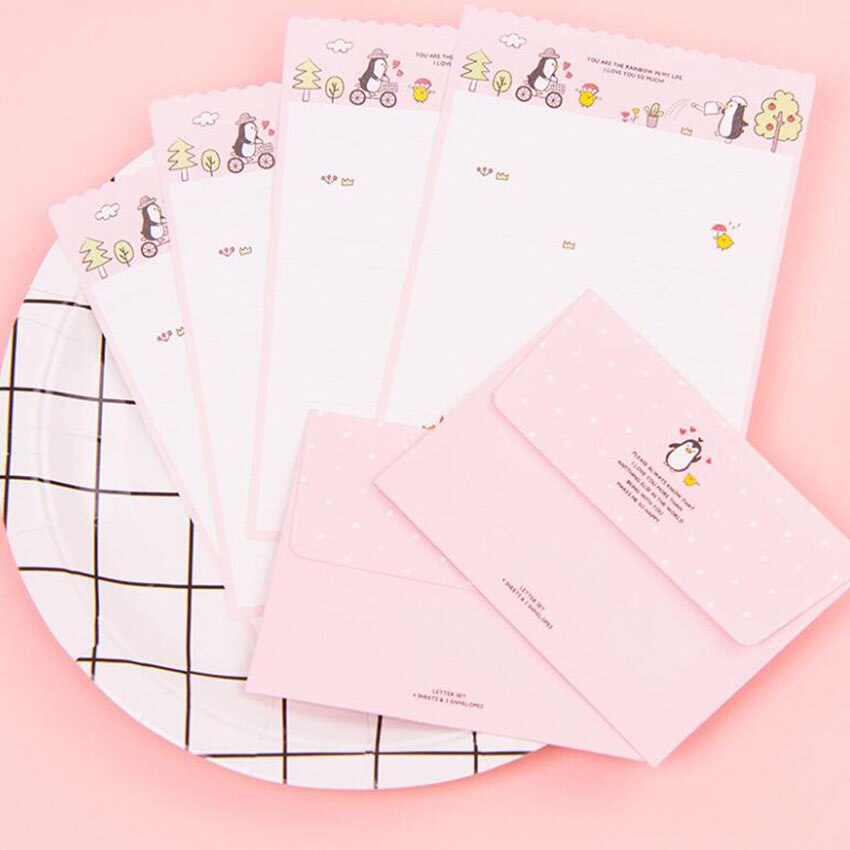 Mini 2Pcs Envelope + 4 Sheets Paper Letter Set Cute Cartoon Rabbit Penguin Envelopes Paper Letter Greeting Card Letter Pad: Penguin-pink
