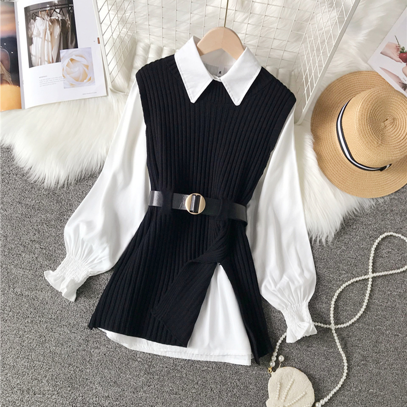Chemise à manches lanternes pour femmes, gilet tricoté, ensemble deux pièces de style collégien, gilet à la taille, top UK900, printemps-automne: Black