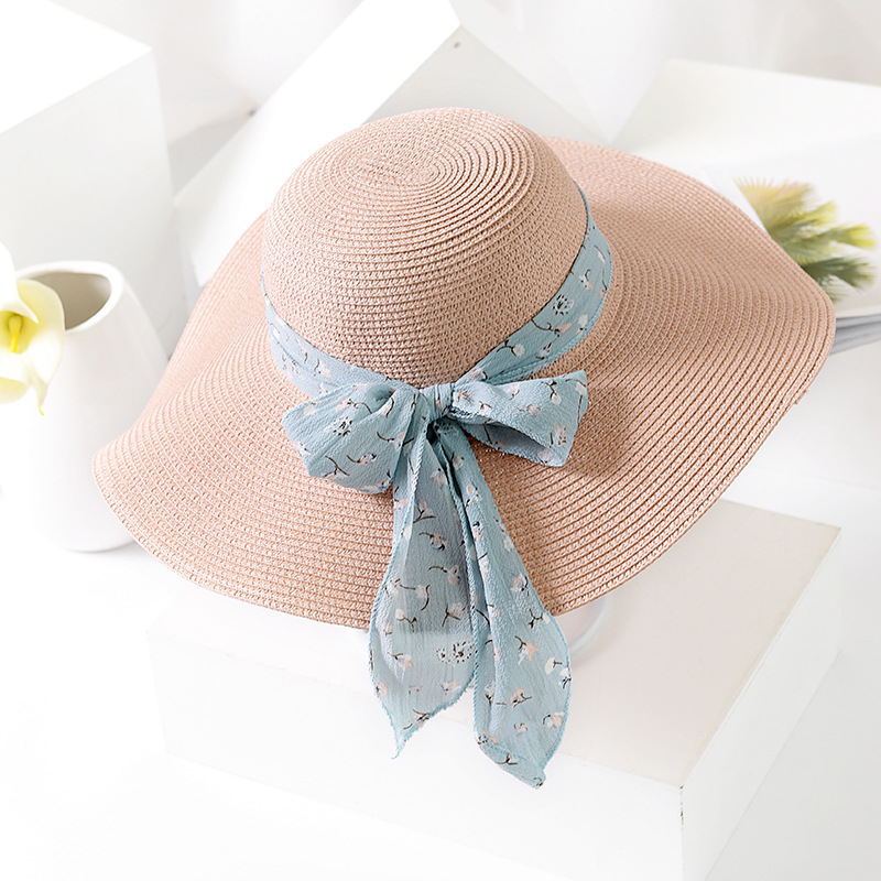 USPOP -chapeaux de soleil pour femmes, chapeau en paille, fait à la main, chapeau de plage à large bord, avec nœud papillon, ombre anti uv, été décontracté: Pink