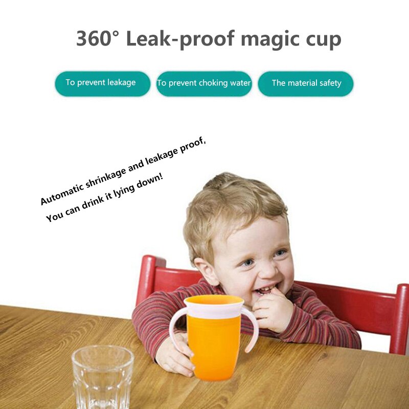 240ml babybekers, magische beker voor baby's, drinkbeker, waterbekers, dubbele handgreep, lekvrije melkfles met klapdeksel, 360 graden