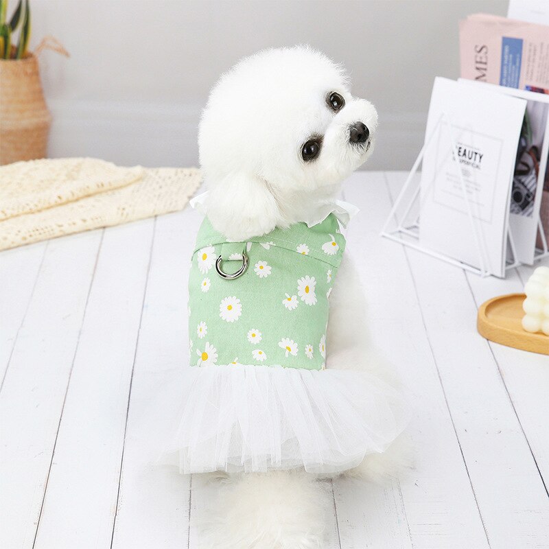 Denim Floral Print Dog Dress Gauze Dog Skirt Teddy Cute Princess Dress For Small Dogs Pet Puppy Costume Dog Clothes: Green / S