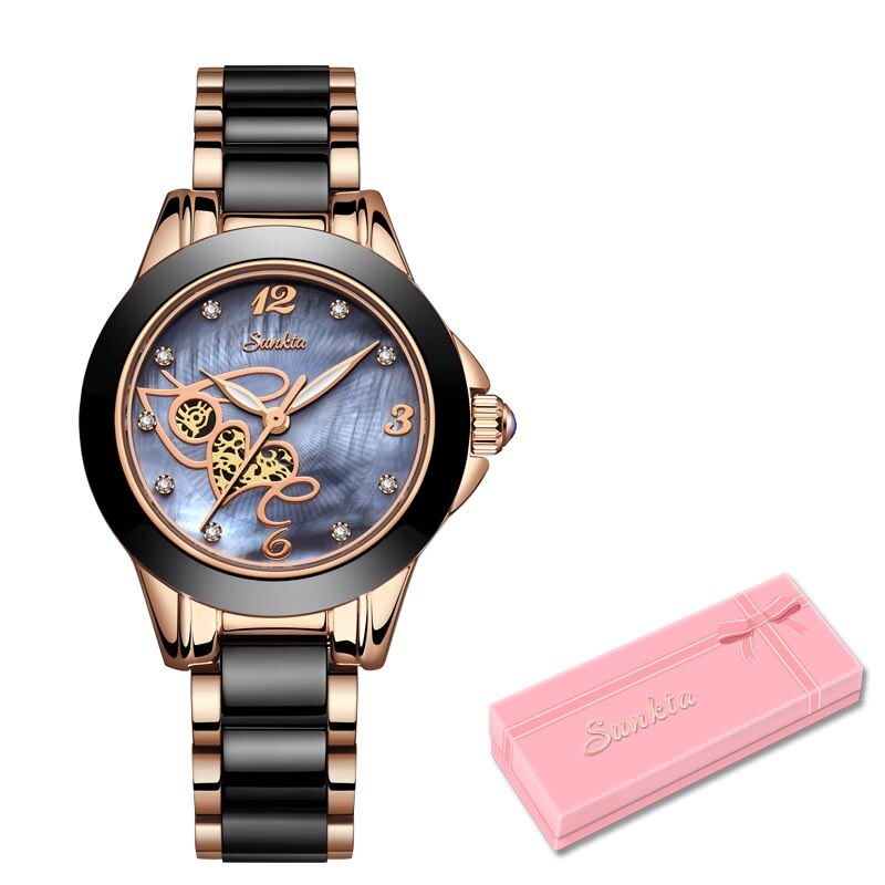 SUNKTA Luxe Vrouwen Horloges Zwarte Keramische Diamant Dameshorloge Waterdicht Quartz Horloge Relogios Femininos Klok: Grey
