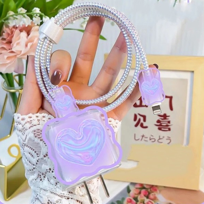 Charger Cable Protector for Apple Iphone 14 13 Cute Heart Wave Charger Case for Iphone 18W/20W US Adapter Data Protective Sleeve: Pink