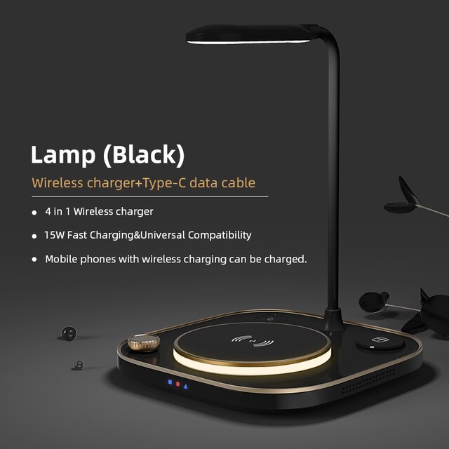 15w Fast 3 In 1 Wireless Charging for IPhone Phone Watch Earphone Modern Led Office Desk Lamp Wireless Charger Lamp: Black Desk Lamp