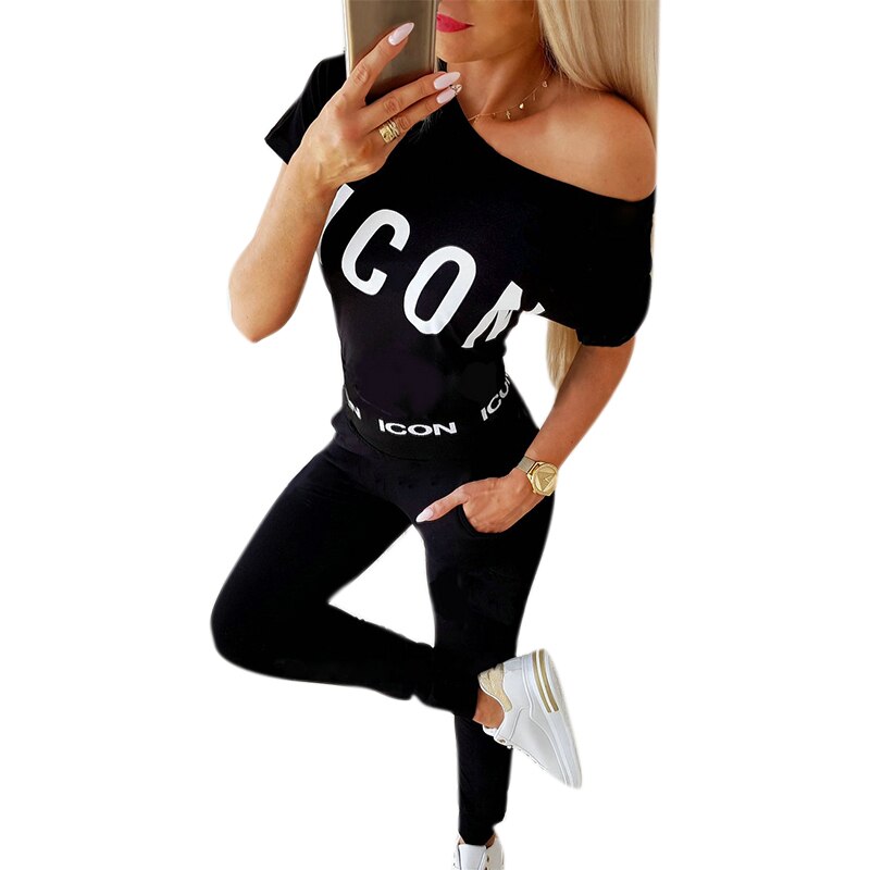 Letter Print Women Sports Tracksuit Short Sleeve Crew Neck T-Shirts Elastic High Waist Pants 2Piece Set Casual Sweatsuit