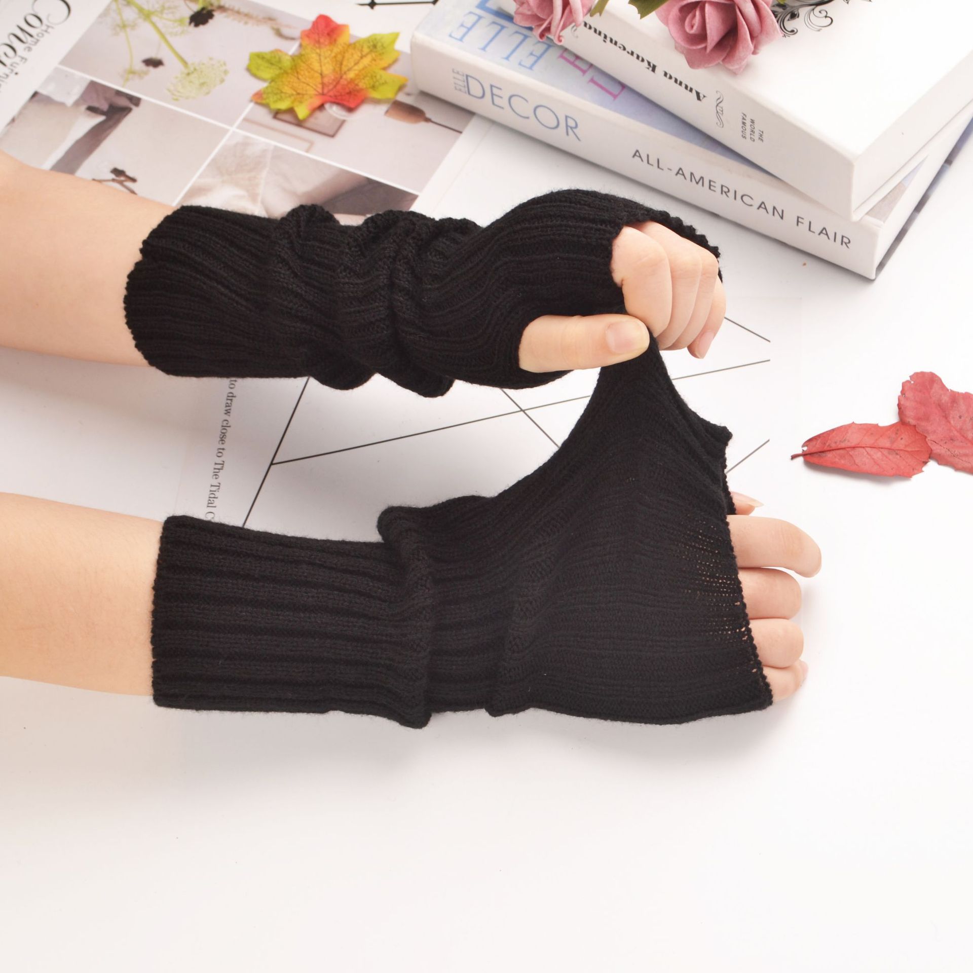 Guantes largos sin dedos para mujer, manopla de invierno, calentador de brazo tejido, manga fina, informal, suave, ropa gótica para niñas, guante gótico Punk
