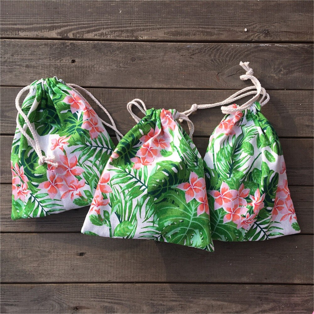 Yile 1pc katoenen linnen trekkoord tas feesttas print groen blad roze bloem  yl812b