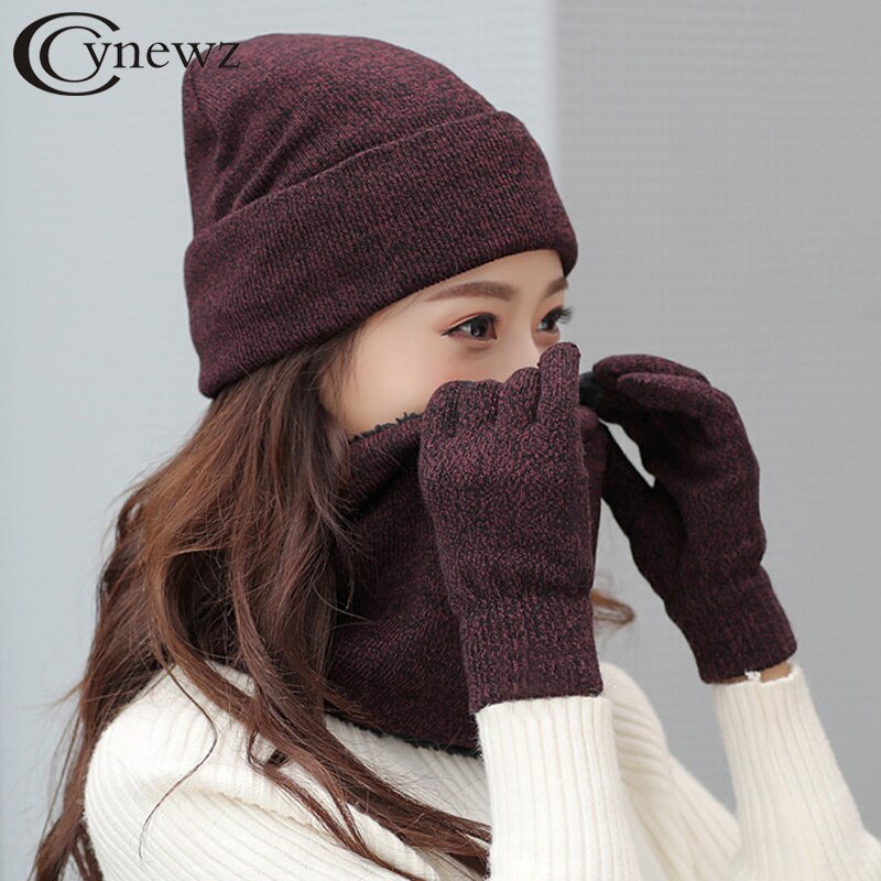 3 Pieces/Set Winter Women Hats Scarves Gloves Kit Knitted Plus Velvet Hat Scarf Set For Male Female Beanies Scarf Gloves