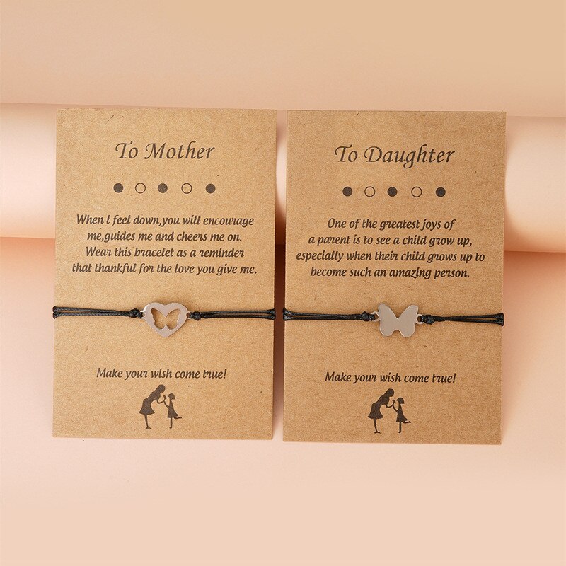 Pour Mère Une Pour Fille 2 Pièces/ensemble Vintage Boho Tressé Bracelets Pour Femme Fille En Acier Inoxydable Coeur Papillon Charme