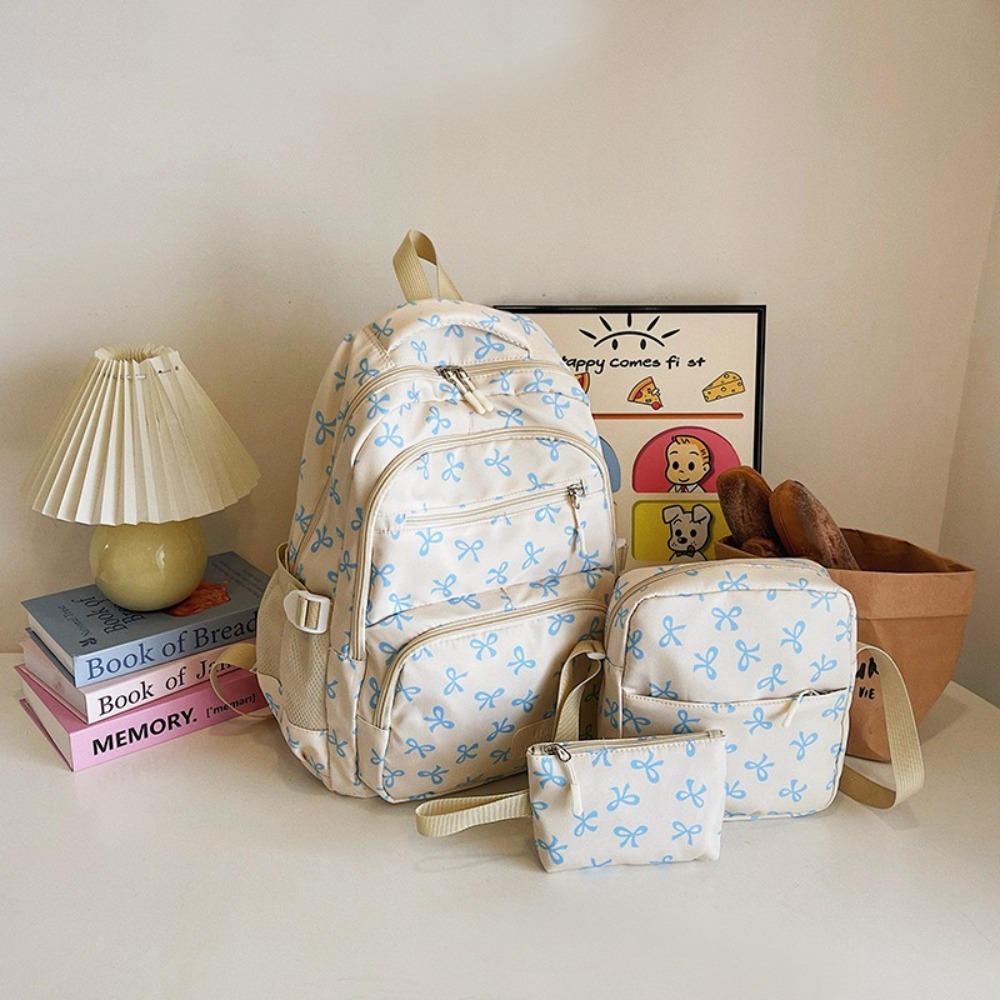 3 stuks/set rugzakken met grote capaciteit, strikprint, nylon schooltas, verstelbare schouderbanden, studentenrugzak: Bruin