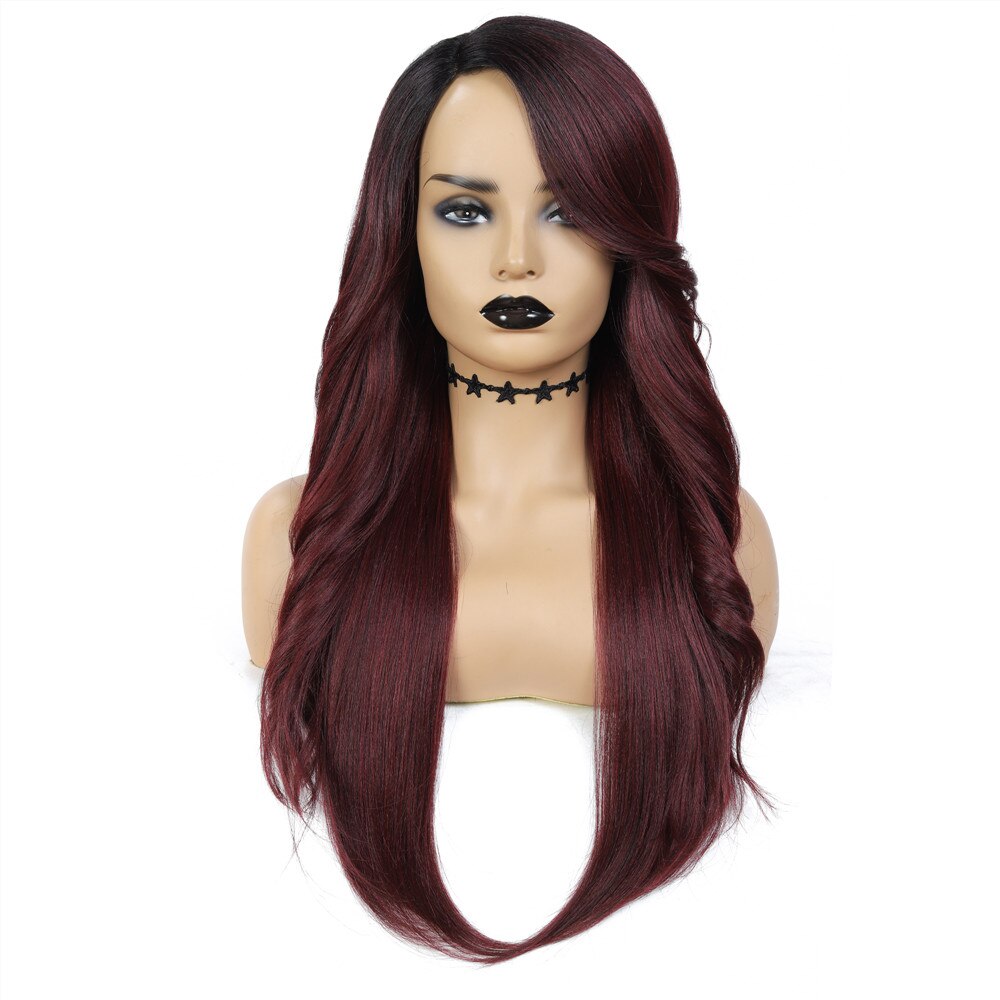 X-TRESS Split Color 2 Part Splice Wigs Black & Dark Red Heat Resistant Trendy Lace Front Synthetic Wig for White Women 26 Inches: DRBG