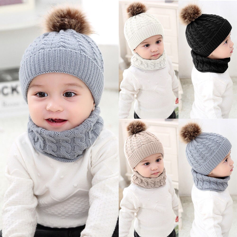 Newborn Baby Knit Hat+scarf Children Baby Boy Girl Kids Infant Winter Pompom Ball Knit Hat Caps Casual Beanie Bonnet #FS