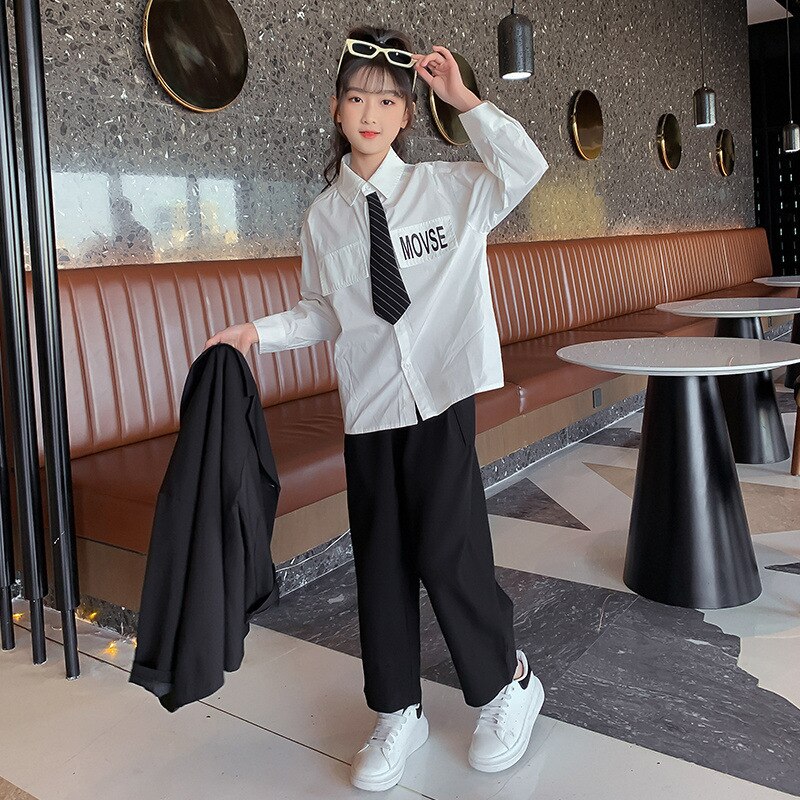 Traje de primavera para niña adolescente, ropa Formal informal negra, chaqueta holgada + camisa de manga larga con letras, blusa + Pantalones rectos, unids/set 3/conjunto