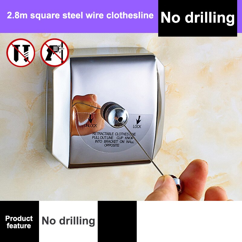 Wanduittrekbare waslijn, roestvrij staaldraad, onzichtbare waslijn voor binnen en buiten, hangende wasdroger, kledingrek: Vierkant