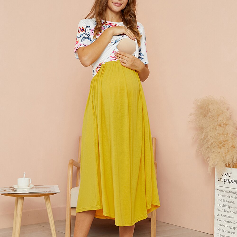 PatPat-vestido de lactancia de manga corta, prenda de maternidad de cuello redondo, Color Block, amarillo: XL