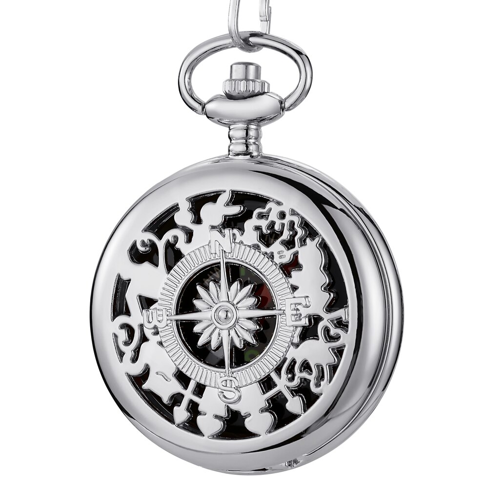 Aankomst Kompas Goud Bruin Retro Hollow Quartz Zakhorloge Fob Hanger Chain: sliver