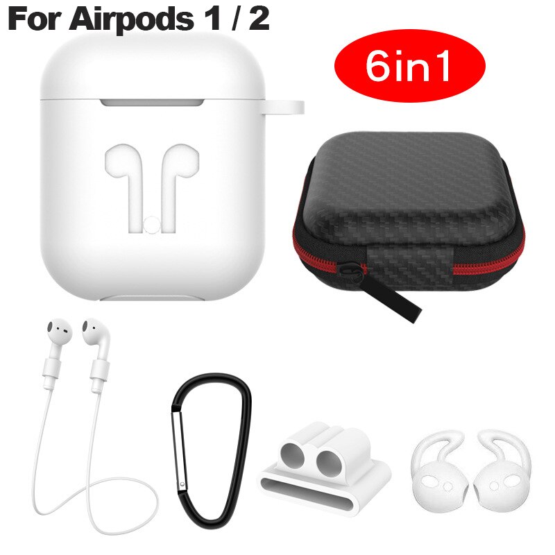 6 In-1 Case Lanyard Karabijnhaak Beschermhoes Voor Airpods 2 3 Hoofdtelefoon Siliconen Cover Voor Air Pods 2 3 Pro Case Accessoires Doos: white for airpod 1 2