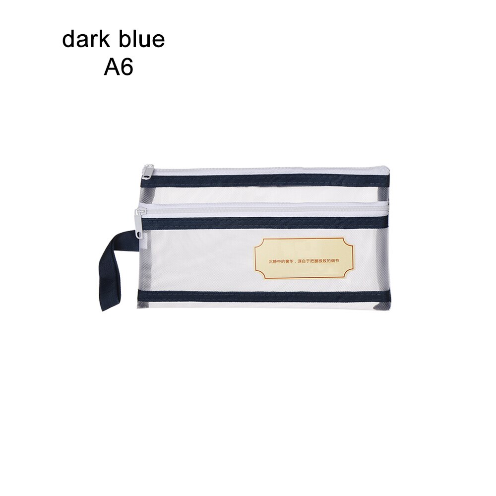 1 PC A4/A5/A6 Nylon Mesh Document File Double Pocket Pencil Case Zipper Notebook Bag Office Stationery Storage: A6 dark blue