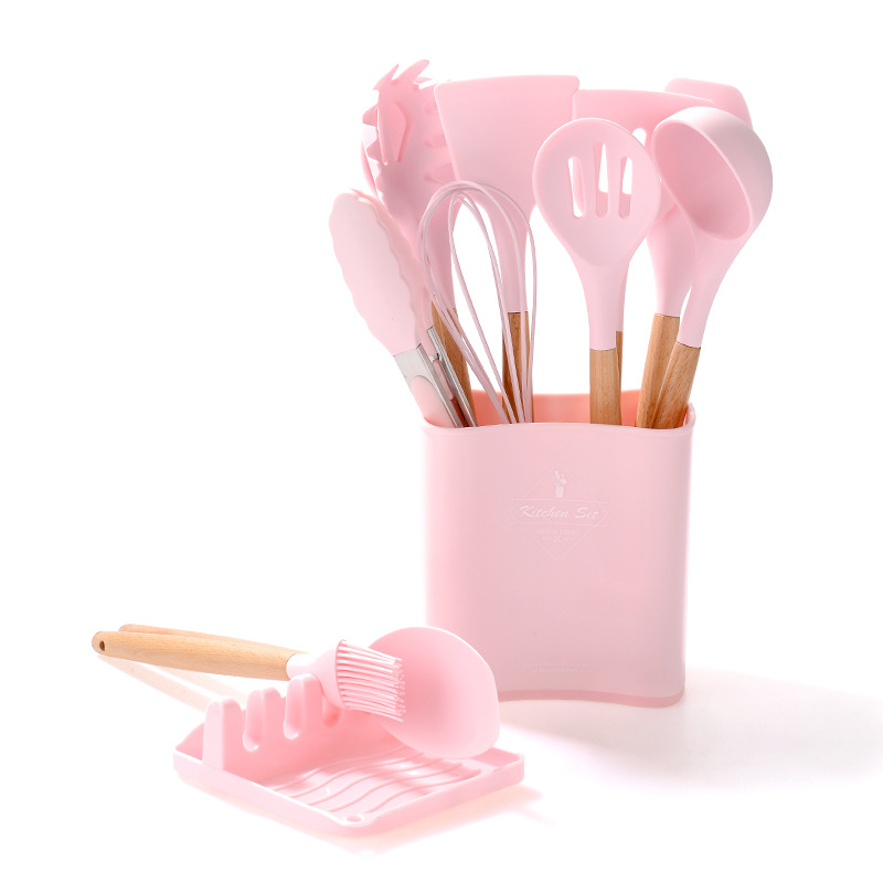 13Pcs Kitchen Silicone Cooking Utensils Set Wooden Handle Silicone Spatula Spoon Nonstick Kitchen Cooking Tools With Storage Box: Pink