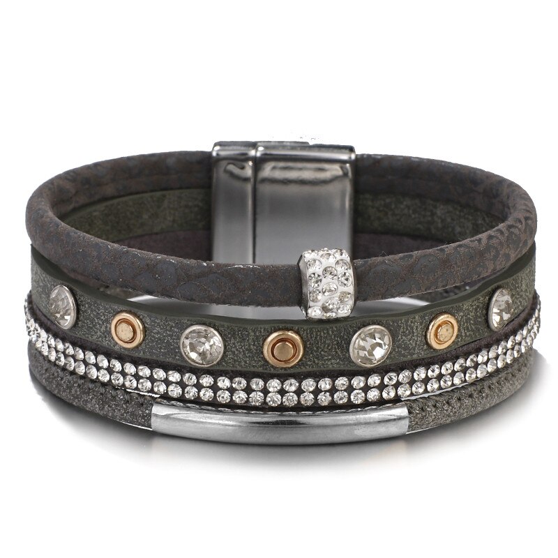 Flashbuy Vintage Crystal Leather Bracelets For Women Rhinestone Alloy Multilayer Wrap Boho Female Bangles: Gray Bracelets