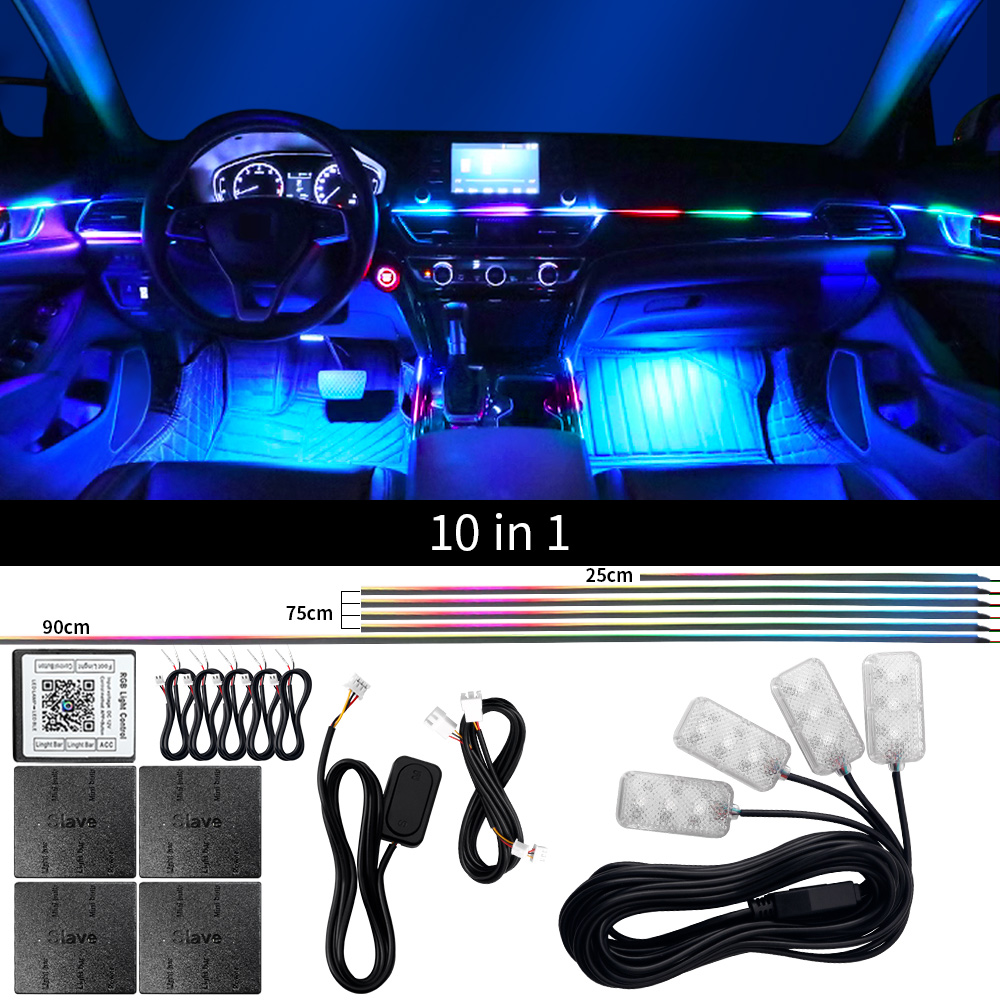 18 in 1 Dual Zone Symphony Streamer Car Ambient Light Interior LED Full Color RGB Neon Acrylic Strip Atmosphere Lighting Kit App: 4300K White Yellow