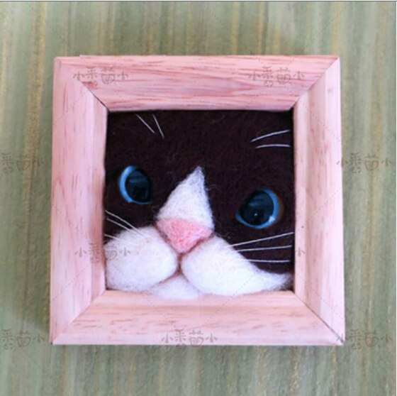 Marco de adorno de cabeza de gato de gatito Zakka, marco de fotos de madera maciza, kit de costura de lana, fieltro de lana, aguja de fieltro, decoración artesanal, aguja: D
