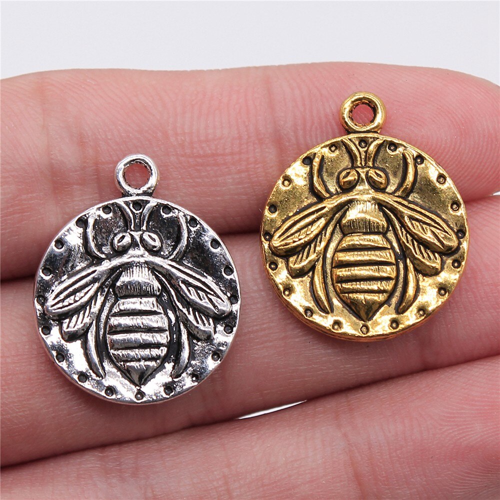 WYSIWYG 5 pcs 24x20mm Ronde Bee Charm Hangers Antiek Goud Antiek Zilver Plated Queen Bee Charm Dubbele zijdig Bee Hangers