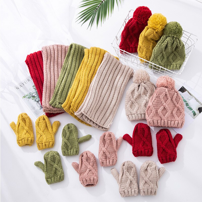 Kids Jongens Meisjes Winter Warm Breien Sjaal Hoed Handschoen Kinderen Baby Sjaals Effen Kleur Geel Rood Gebreide Caps