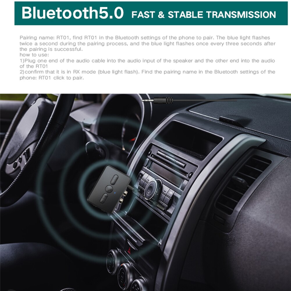 Bluetooth V5.0 Audio Bluetooth Receiver Transmitter 2 in 1 Stereo Dual Channel RCA Port + AUX with 400mAh Large Battery
