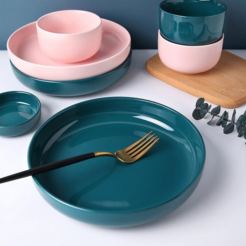 2 Colors Porcelain Dinner Plate Set Ceramic Tableware Food Dishes Rice Salad Noodles Bowl Soup Family Hotel Kitchen Cook Tool