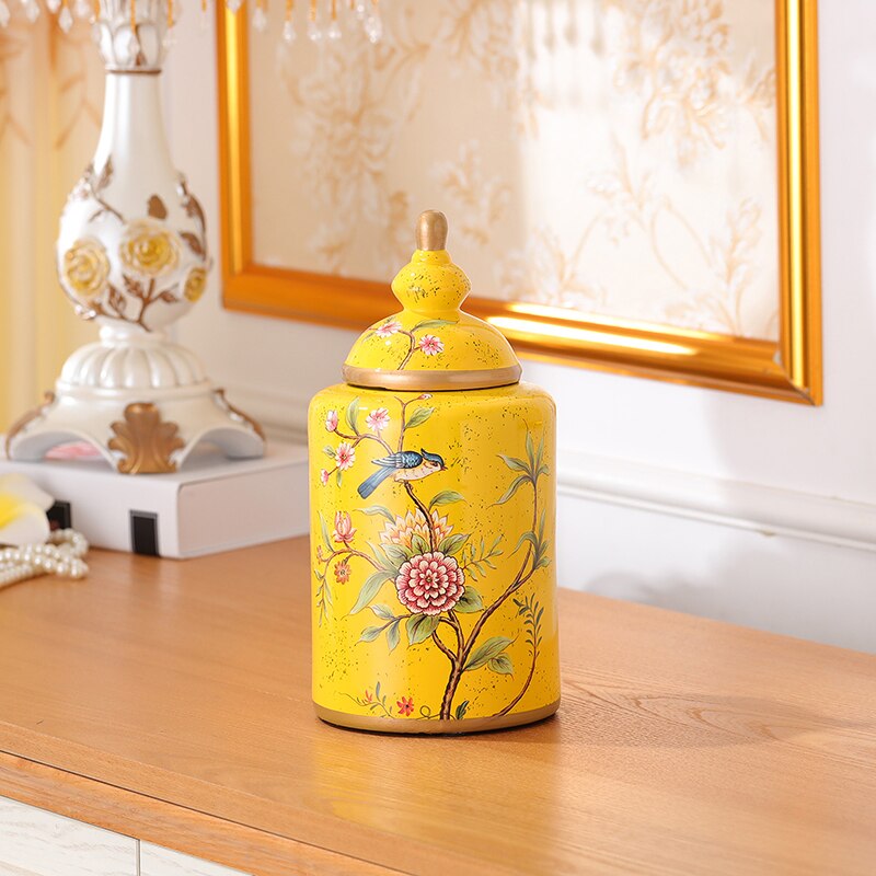 Bocaux de rangement en porcelaine à motifs de fleurs peintes, pot à bonbons Antique, boîte à thé, Vase en céramique polyvalent, décor Vintage pour la maison: Yellow Small