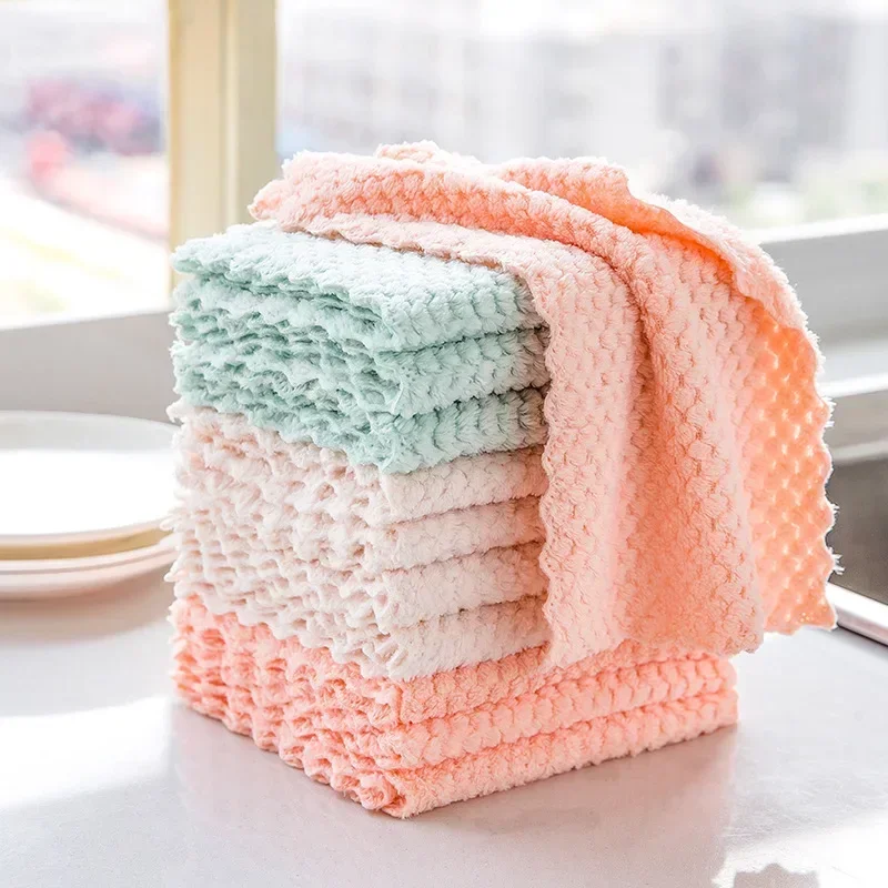 5/10 stuks Afwasdoekje Ananas Raster Coral Fleece Doek Huishoudelijke Keuken Reinigingsdoekje Non-stick Olie Sneldrogend: 3pcs