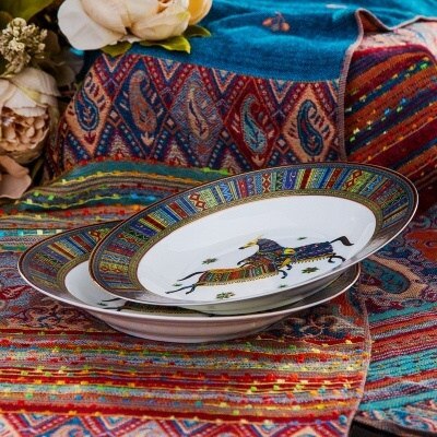 Ceramic Flatware Tableware Set Rice Pasta Bowl Plate Fish Dish Soup Pot Spoon Bone China War Horse Kitchen Utensil Wedding: One 8 Inches Plate B