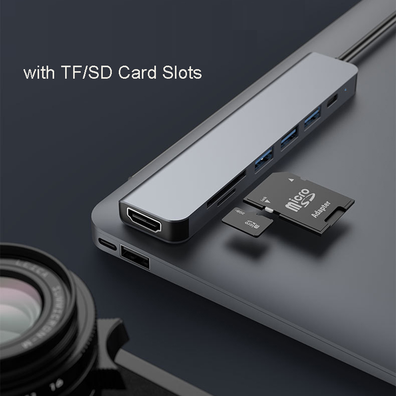 7 portów z HDMI na HUB typu C HDTV 4K30hZ Projekcyjny adapter wyświetlacza PD 100W Stacja dokująca USB3.0 2.0 Czytnik kart SD TF