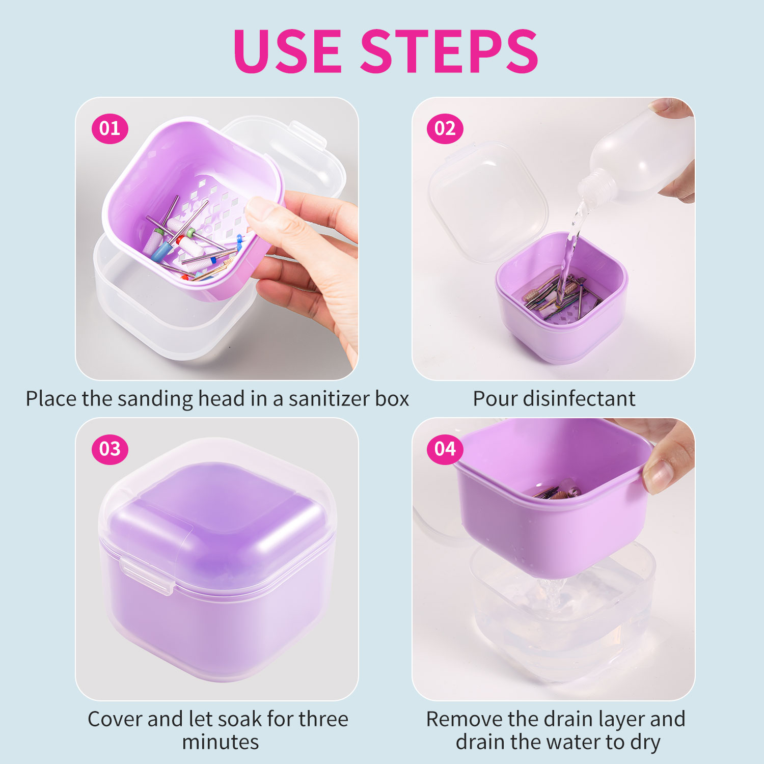 Brocas quadradas de dupla camada para filtragem de unhas, caixa de desinfecção de imersão, ferramentas para unhas, estojo de armazenamento, escova de manicure, recipiente de limpeza