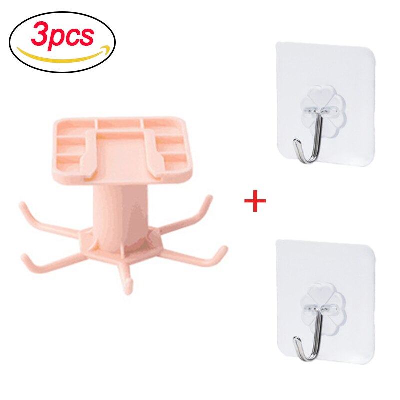 Rotatable Kitchen Organizer Rack Kitchen Goods Storage Container Suitable for Kitchens &amp; Bathroom Hook Storage Racks: Pink Set