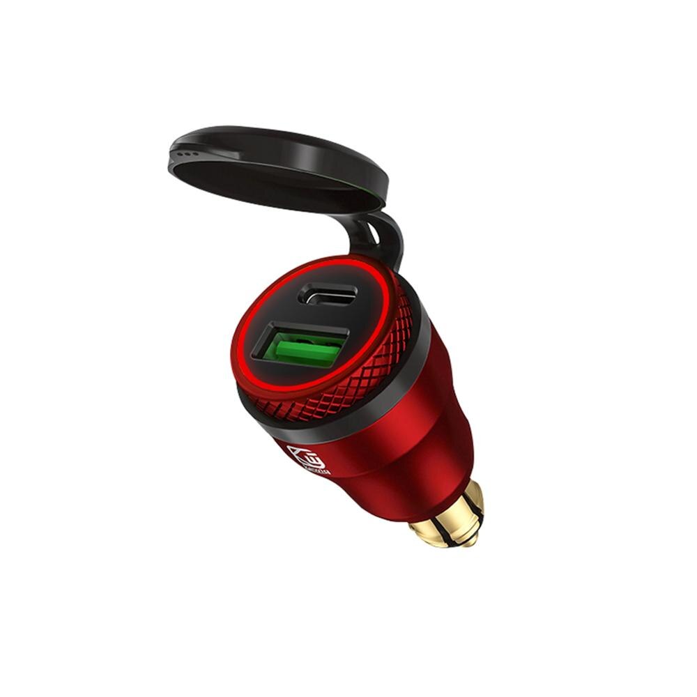 Vandtæt pd type c + usb  qc 3.0 strømstik hurtigoplader til bmw motorcykel din plug adapter: Rødt lys 2