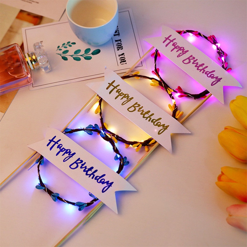 LED Glowing Flower Wreath Cake Topper Happy Birthday Cake Decor for Birthday Party Gold Leaves Cake Toppers