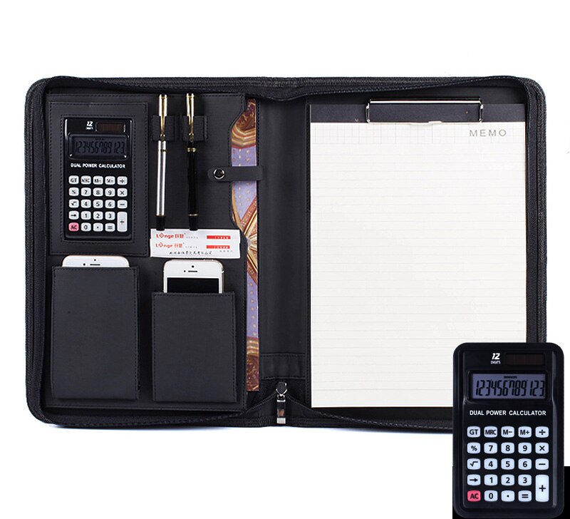 Portable A4 Padfolio Business Portfolio Writing Pad Holder Folder Document Cover Organizer A4 PU Leather for Business zipper 641: black