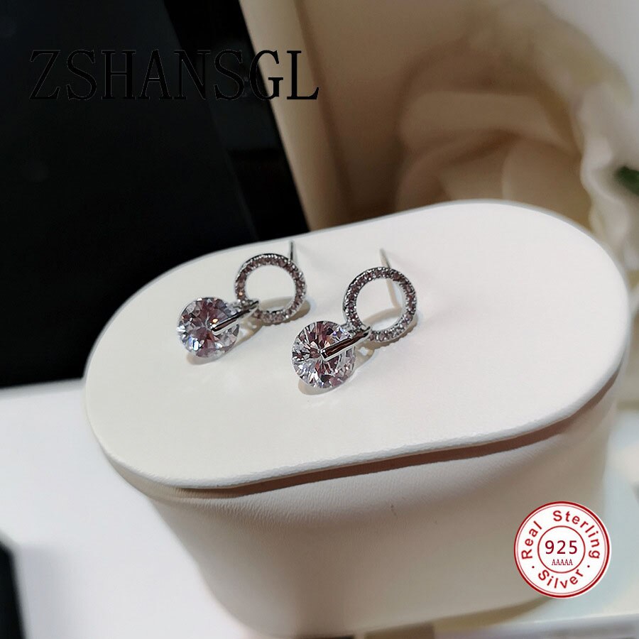 Luksus kvindelige hvide runde øreringe 925 sølvfyldte bryllups smykker dobbelt krystal zirkon øreringe til kvinder