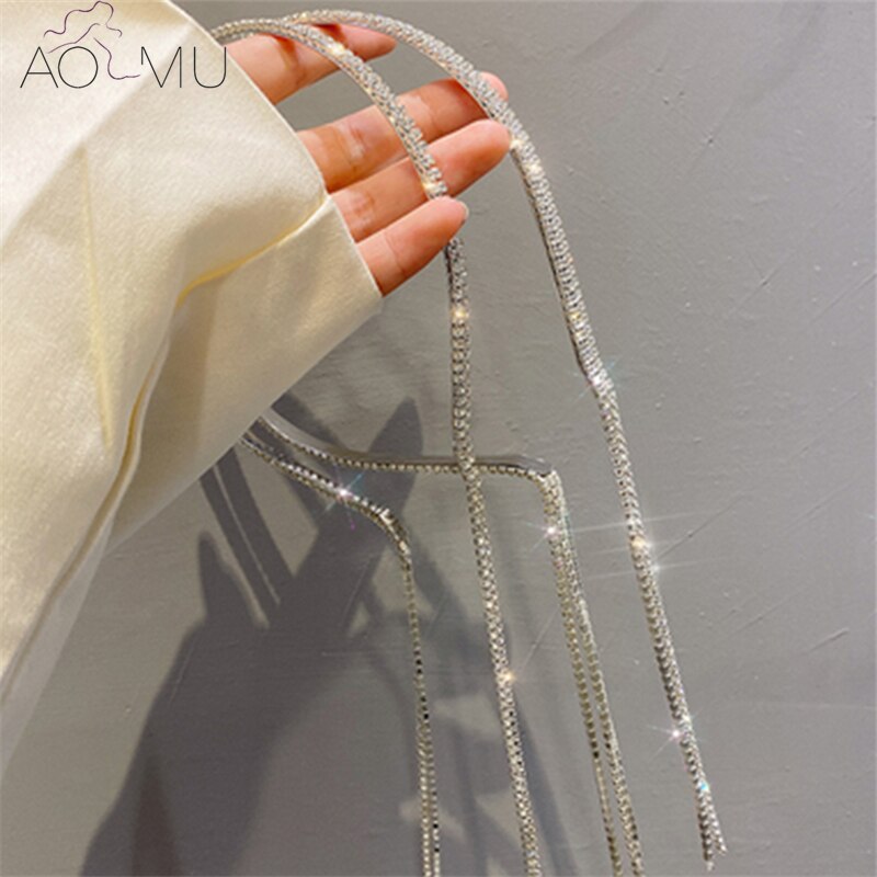 Aomu Shiny Rhinestone Zirkoon Hoofdband Metalen Ketting Kwastje Rear Opknoping Transparante Hoofddeksels Voor Vrouwen Bruiloft Sieraden