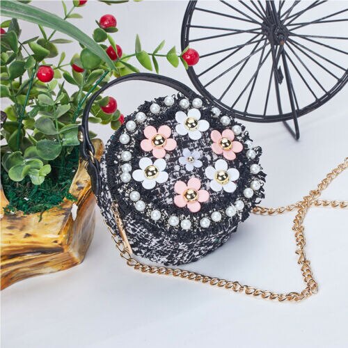 Cute Kid Girl Princess Handbag Sling Shoulder Bag PU Round Messenger Crossbody Purses Beading Stylish Zipper Wallets